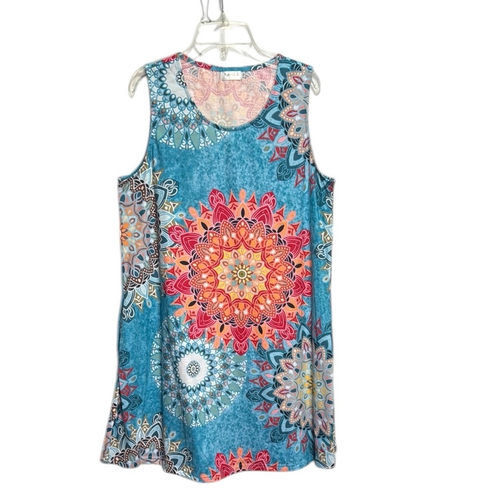 Simple, fun sleeveless tank style dress, Mandala, print blue pink coral large